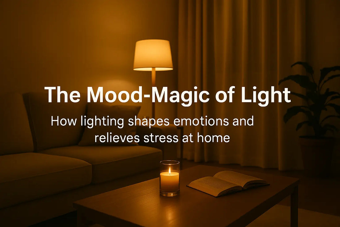 A cozy, softly-lit living room at dusk with a warm table lamp and calm atmosphere — illustrating how lighting impacts mood and stress relief.