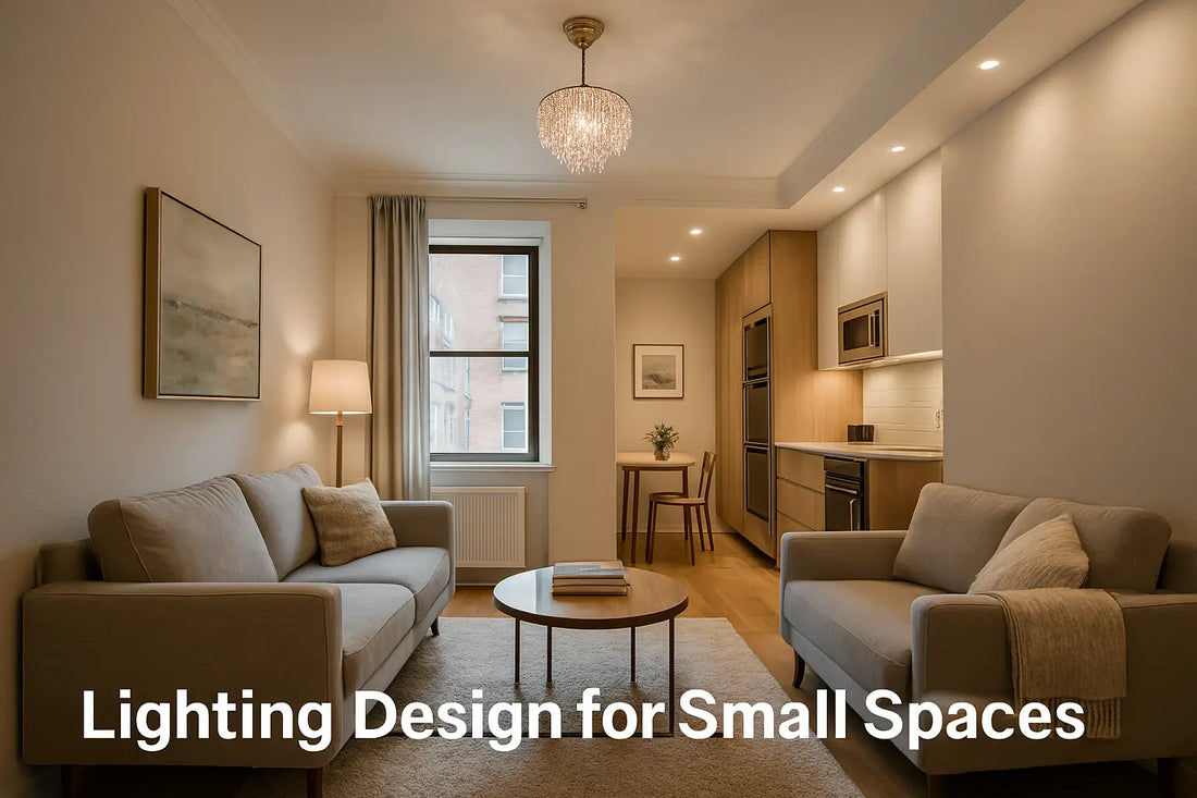 A cozy small living space with layered lighting, featuring warm pendant lights, wall sconces, and natural sunlight — designed to visually expand the room and enhance comfort.