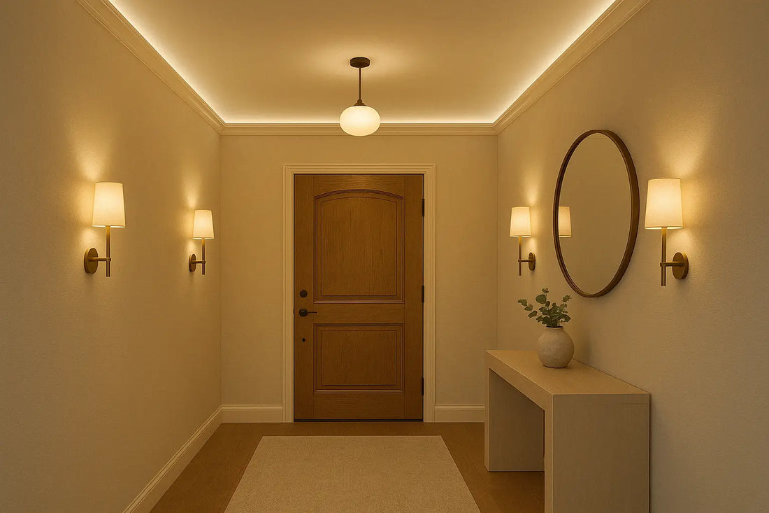 Modern hallway and entryway with pendant light, wall sconces, and warm ambient glow reflecting on soft-colored walls.