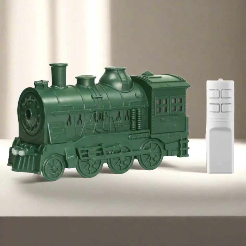 JLD Locomotive Diffuser emitting scented mist with steam puff effect and ambient lightingâdesigned like a classic train engine for stylish aromatherapy and cozy decor