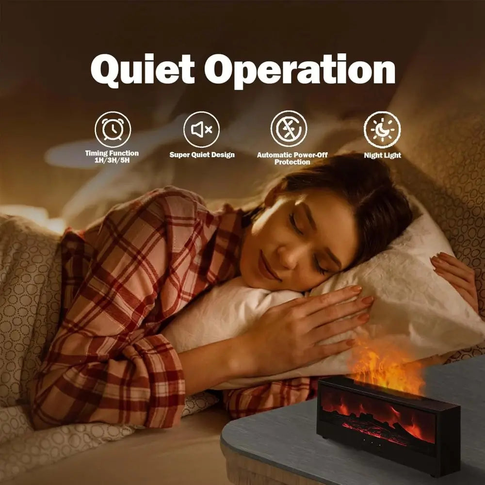 JLD Fireplace Diffuser emitting a cozy flame effect with soothing mist, enhanced by 7-color LED lights—perfect for relaxation, sleep, and aromatherapy