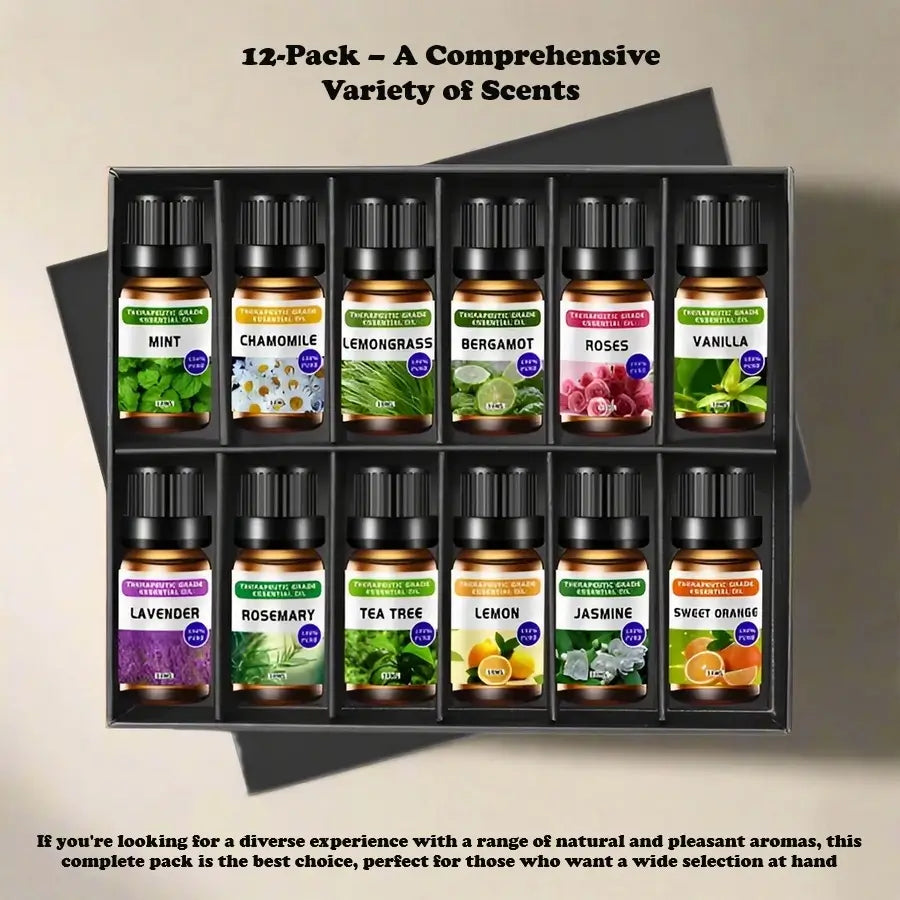 Aromatherapy essential oils in elegant glass bottles, designed for diffusers and humidifiers, releasing soothing, natural fragrances for relaxation and stress relief.