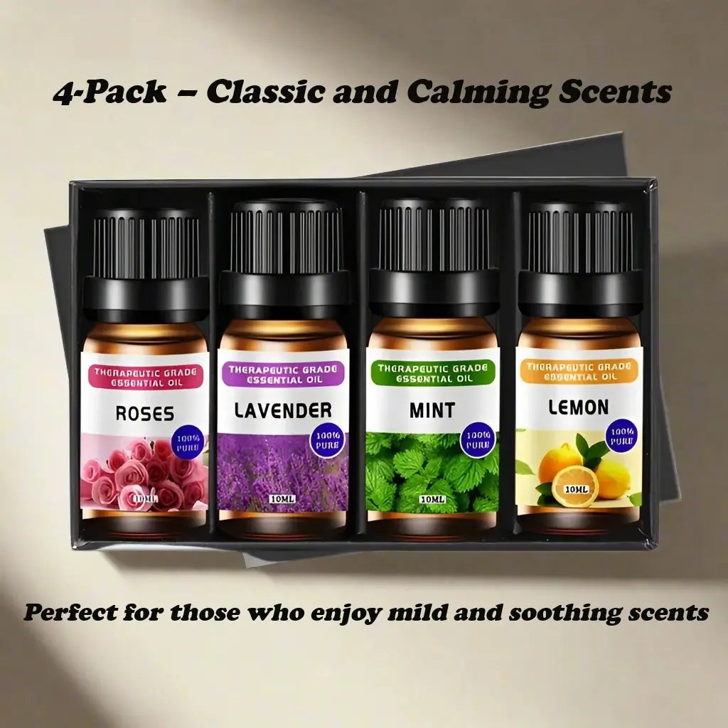 Aromatherapy essential oils in elegant glass bottles, designed for diffusers and humidifiers, releasing soothing, natural fragrances for relaxation and stress relief.