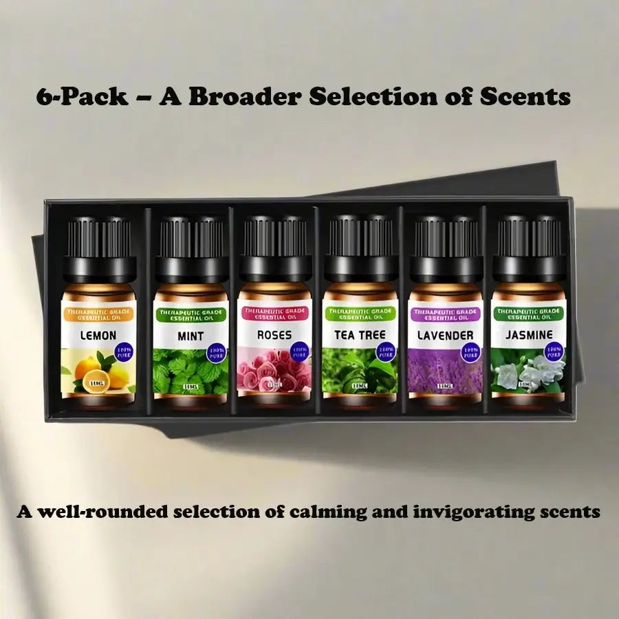 Aromatherapy essential oils in elegant glass bottles, designed for diffusers and humidifiers, releasing soothing, natural fragrances for relaxation and stress relief.