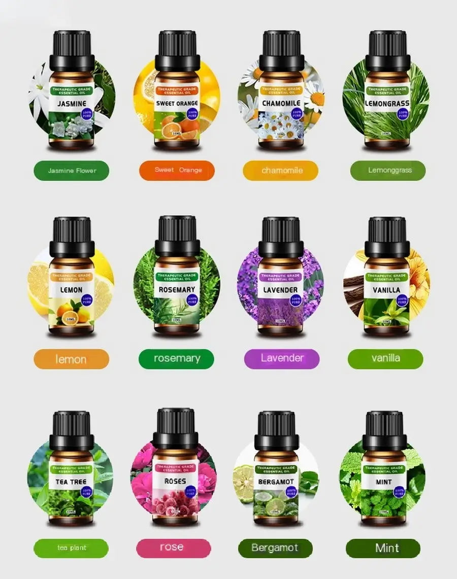 Aromatherapy essential oils in elegant glass bottles, designed for diffusers and humidifiers, releasing soothing, natural fragrances for relaxation and stress relief.