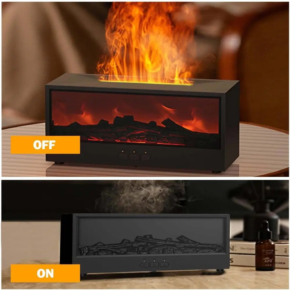 JLD Fireplace Diffuser emitting a cozy flame effect with soothing mist, enhanced by 7-color LED lights—perfect for relaxation, sleep, and aromatherapy