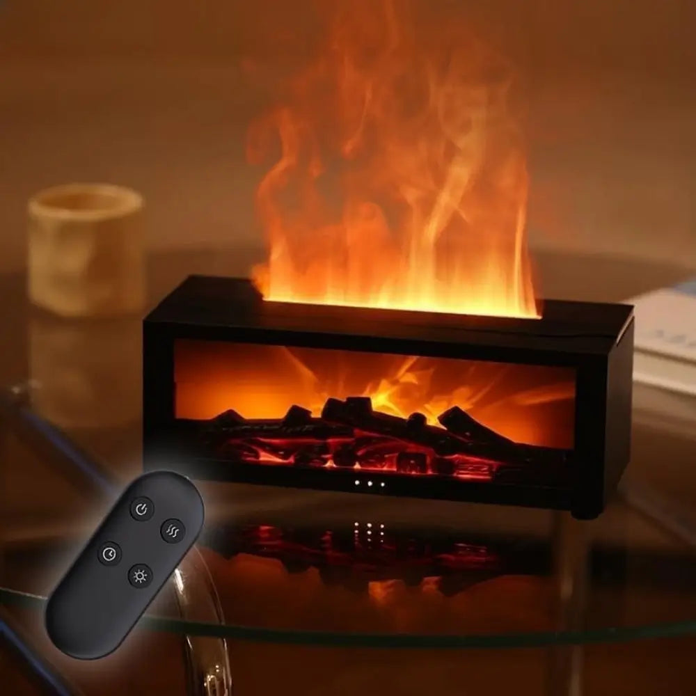 JLD Fireplace Diffuser emitting a cozy flame effect with soothing mist, enhanced by 7-color LED lights—perfect for relaxation, sleep, and aromatherapy