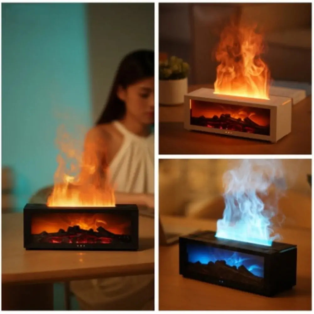 JLD Fireplace Diffuser emitting a cozy flame effect with soothing mist, enhanced by 7-color LED lights—perfect for relaxation, sleep, and aromatherapy
