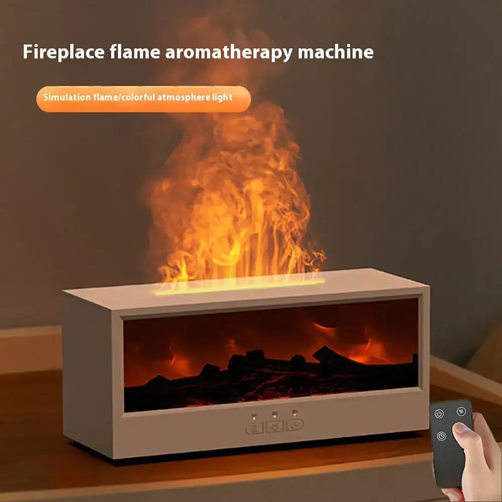 JLD Fireplace Diffuser emitting a cozy flame effect with soothing mist, enhanced by 7-color LED lights—perfect for relaxation, sleep, and aromatherapy