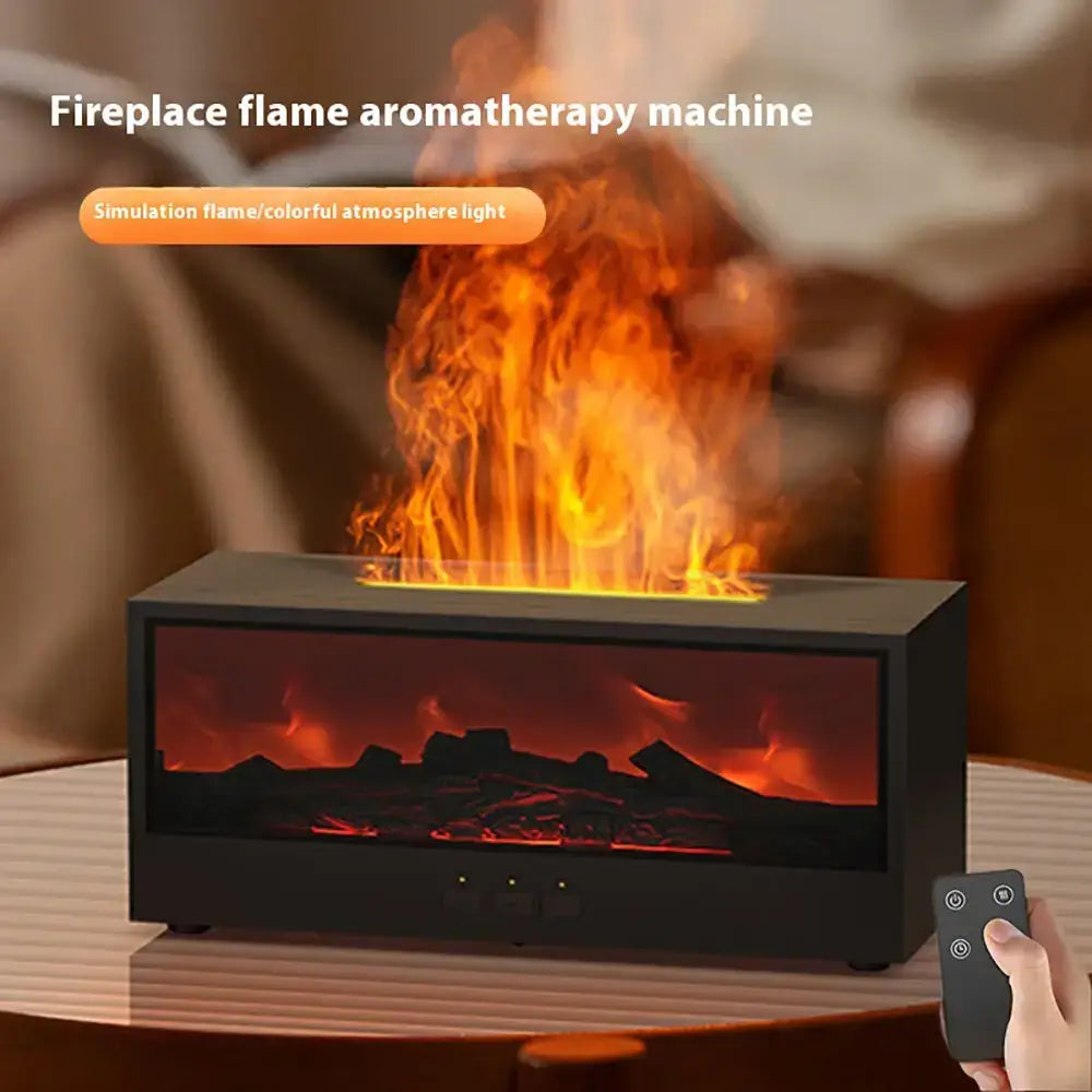 JLD Fireplace Diffuser emitting a cozy flame effect with soothing mist, enhanced by 7-color LED lights—perfect for relaxation, sleep, and aromatherapy