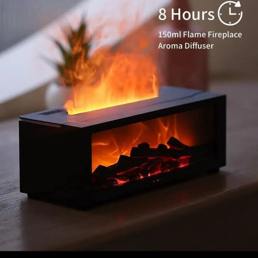 JLD Fireplace Diffuser emitting a cozy flame effect with soothing mist, enhanced by 7-color LED lights—perfect for relaxation, sleep, and aromatherapy