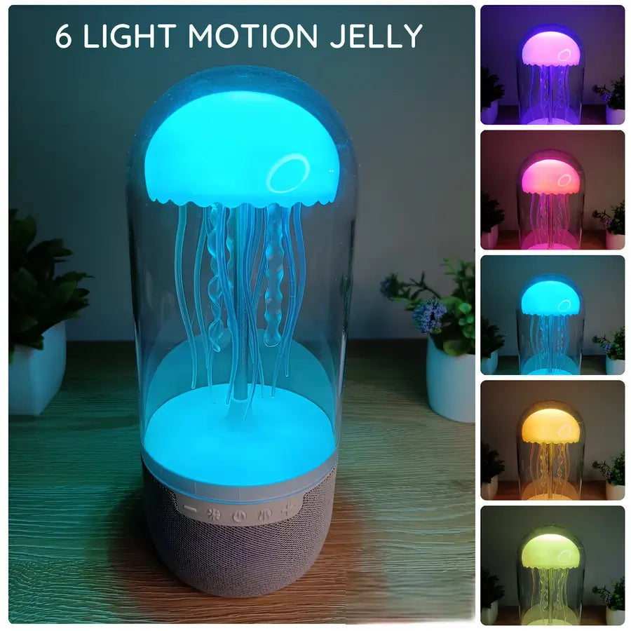 Echojelly jellyfish lamp with glowing LED lights and Bluetooth speaker, creating a serene underwater ambiance for relaxation and mood enhancement.