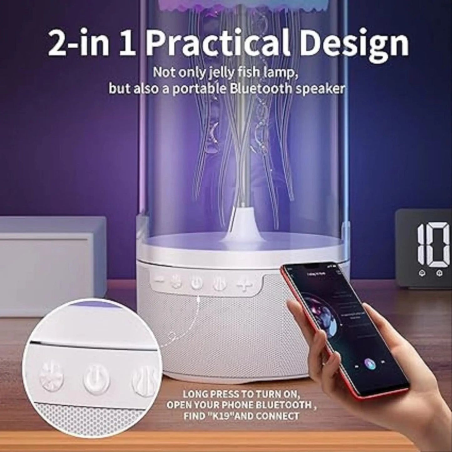 Echojelly jellyfish lamp with glowing LED lights and Bluetooth speaker, creating a serene underwater ambiance for relaxation and mood enhancement.