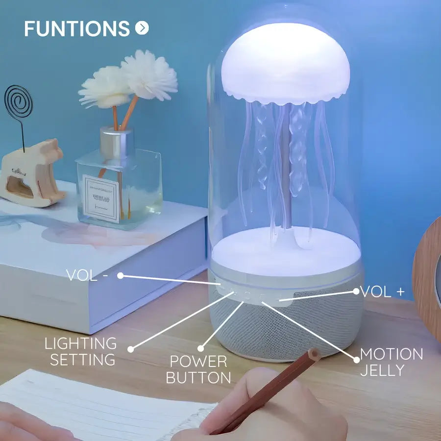 Echojelly jellyfish lamp with glowing LED lights and Bluetooth speaker, creating a serene underwater ambiance for relaxation and mood enhancement.