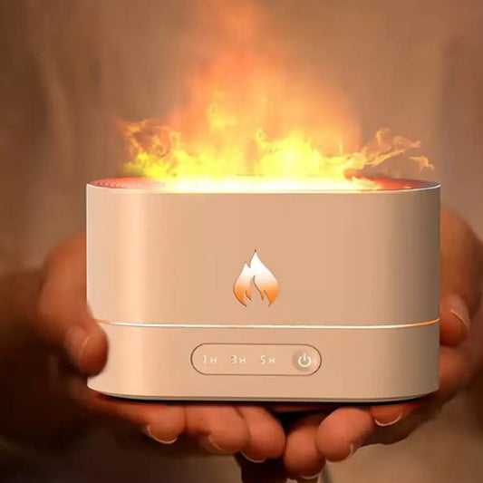 JLD Flame Diffuser emitting a realistic fire-like mist with ultrasonic aromatherapy, creating a cozy and relaxing atmosphere for stress relief and home decor.
