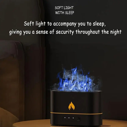 JLD Flame Diffuser emitting a realistic fire-like mist with ultrasonic aromatherapy, creating a cozy and relaxing atmosphere for stress relief and home decor.