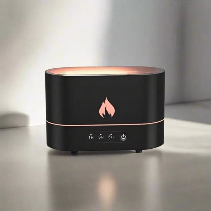 JLD Flame Diffuser emitting a realistic fire-like mist with ultrasonic aromatherapy, creating a cozy and relaxing atmosphere for stress relief and home decor.