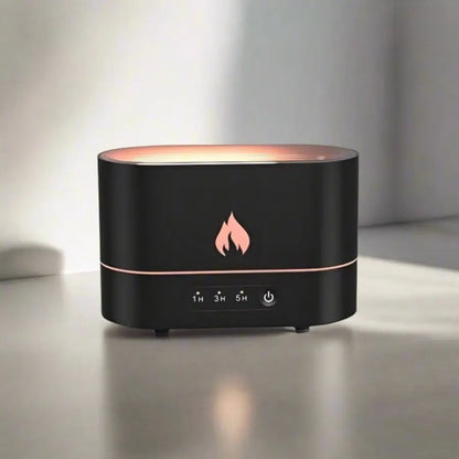 JLD Flame Diffuser emitting a realistic fire-like mist with ultrasonic aromatherapy, creating a cozy and relaxing atmosphere for stress relief and home decor.