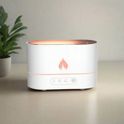 JLD Flame Diffuser emitting a realistic fire-like mist with ultrasonic aromatherapy, creating a cozy and relaxing atmosphere for stress relief and home decor.