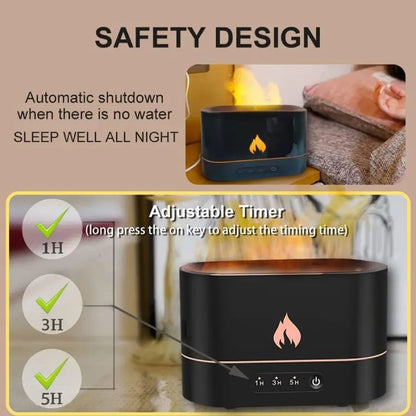 JLD Flame Diffuser emitting a realistic fire-like mist with ultrasonic aromatherapy, creating a cozy and relaxing atmosphere for stress relief and home decor.