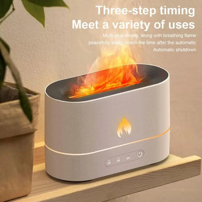JLD Flame Diffuser emitting a realistic fire-like mist with ultrasonic aromatherapy, creating a cozy and relaxing atmosphere for stress relief and home decor.
