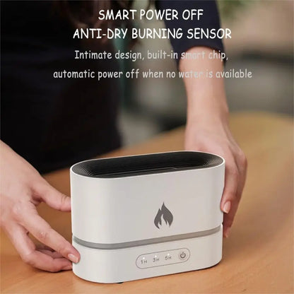 JLD Flame Diffuser emitting a realistic fire-like mist with ultrasonic aromatherapy, creating a cozy and relaxing atmosphere for stress relief and home decor.