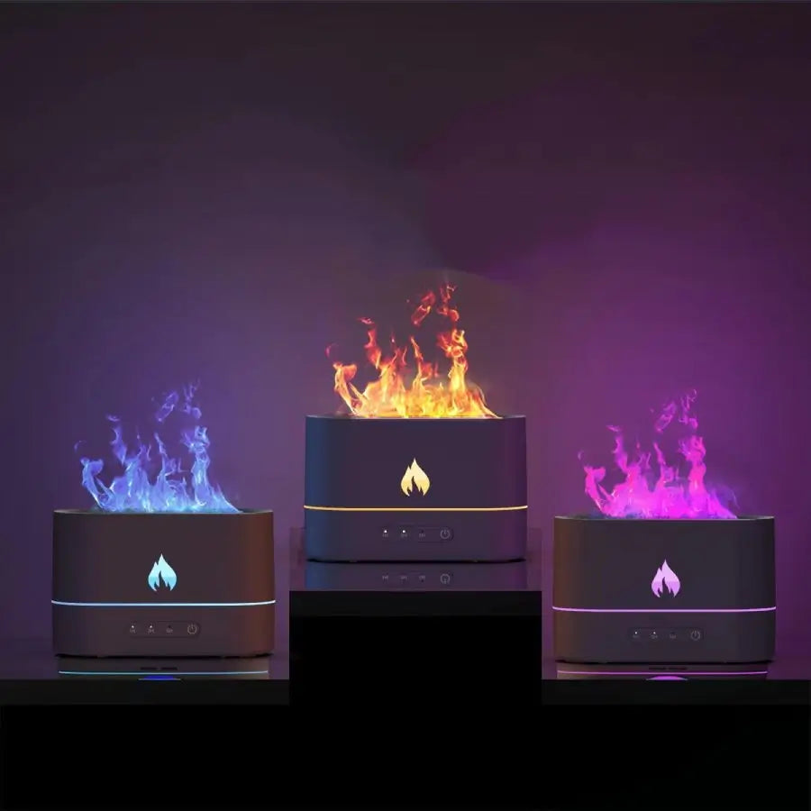 JLD Flame Diffuser emitting a realistic fire-like mist with ultrasonic aromatherapy, creating a cozy and relaxing atmosphere for stress relief and home decor.