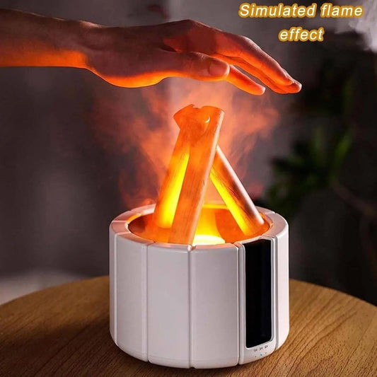 JLD Campfire Flame Diffuser emitting soft flame-like light and aromatic mist—designed for relaxation, sleep, and a cozy home ambiance