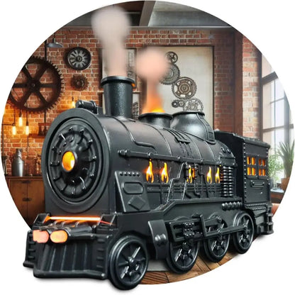 JLD Locomotive Diffuser emitting scented mist with steam puff effect and ambient lighting—designed like a classic train engine for stylish aromatherapy and cozy decor