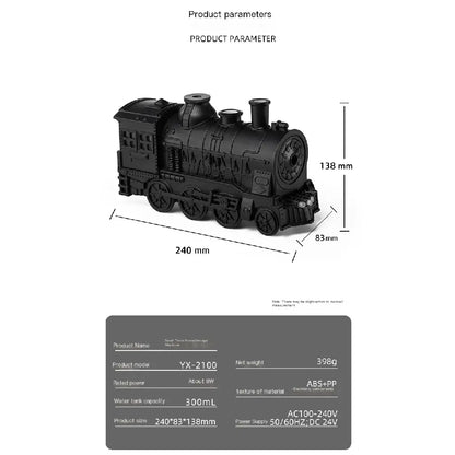 JLD Locomotive Diffuser emitting scented mist with steam puff effect and ambient lighting—designed like a classic train engine for stylish aromatherapy and cozy decor