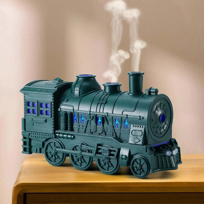 JLD Locomotive Diffuser emitting scented mist with steam puff effect and ambient lighting—designed like a classic train engine for stylish aromatherapy and cozy decor