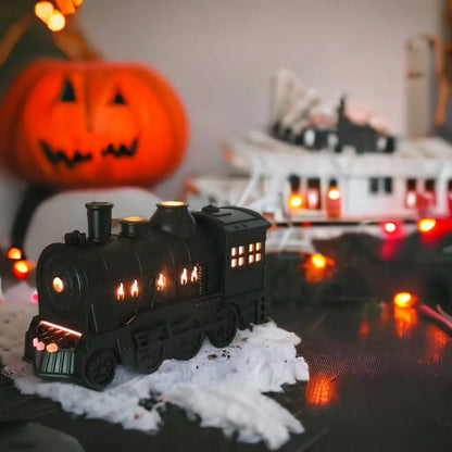 JLD Locomotive Diffuser emitting scented mist with steam puff effect and ambient lighting—designed like a classic train engine for stylish aromatherapy and cozy decor