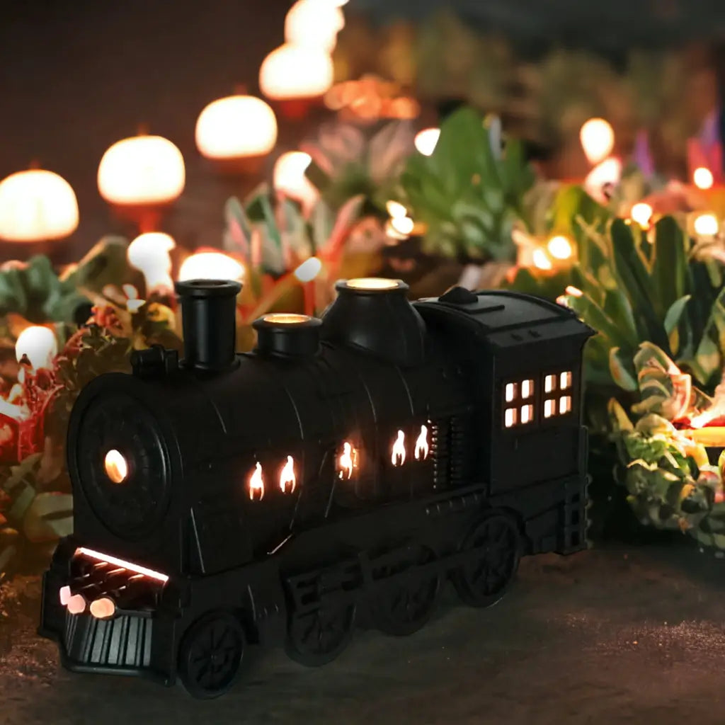 JLD Locomotive Diffuser emitting scented mist with steam puff effect and ambient lighting—designed like a classic train engine for stylish aromatherapy and cozy decor
