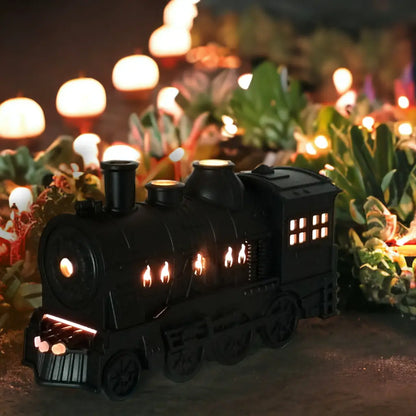 JLD Locomotive Diffuser emitting scented mist with steam puff effect and ambient lighting—designed like a classic train engine for stylish aromatherapy and cozy decor