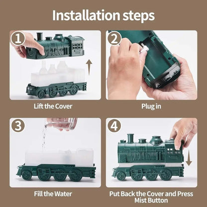 JLD Locomotive Diffuser emitting scented mist with steam puff effect and ambient lighting—designed like a classic train engine for stylish aromatherapy and cozy decor