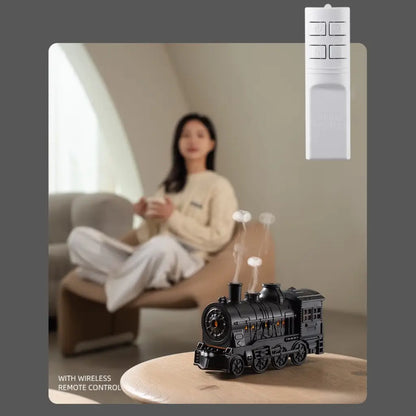 JLD Locomotive Diffuser emitting scented mist with steam puff effect and ambient lighting—designed like a classic train engine for stylish aromatherapy and cozy decor