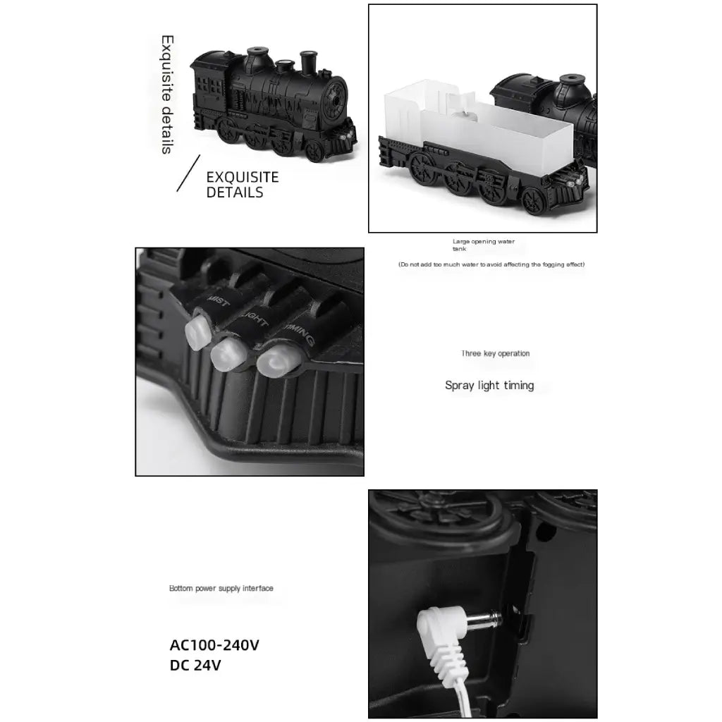 JLD Locomotive Diffuser emitting scented mist with steam puff effect and ambient lighting—designed like a classic train engine for stylish aromatherapy and cozy decor