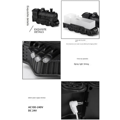 JLD Locomotive Diffuser emitting scented mist with steam puff effect and ambient lighting—designed like a classic train engine for stylish aromatherapy and cozy decor