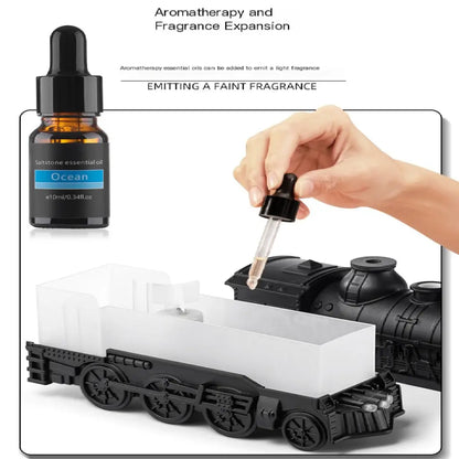 JLD Locomotive Diffuser emitting scented mist with steam puff effect and ambient lighting—designed like a classic train engine for stylish aromatherapy and cozy decor