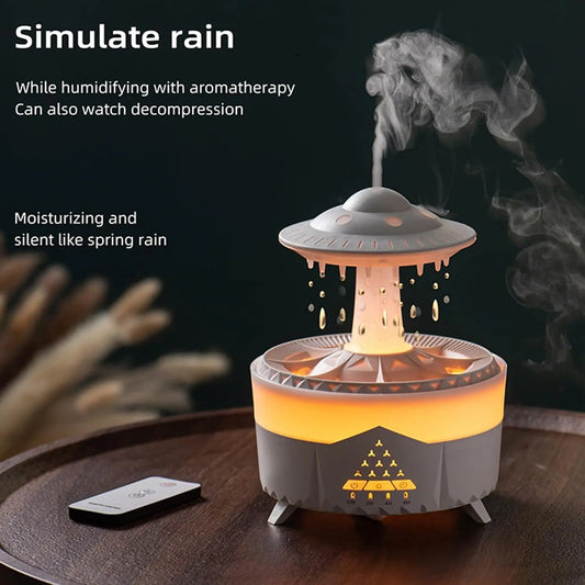 JLD Raindrop Humidifier with soft mist, color-changing LED lights, and remote control—designed for aromatherapy, humidity, and peaceful ambiance in any room