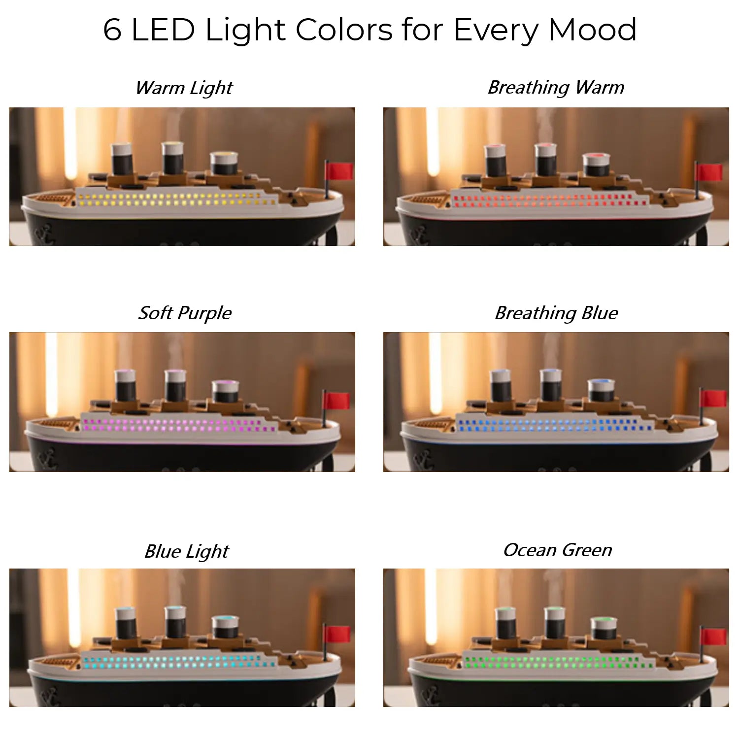 JLD Titanic Ship Diffuser releasing mist through steam chimneys with glowing LED lights—an elegant aromatherapy device combining classic design with modern wellness