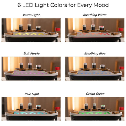 JLD Titanic Ship Diffuser releasing mist through steam chimneys with glowing LED lights—an elegant aromatherapy device combining classic design with modern wellness