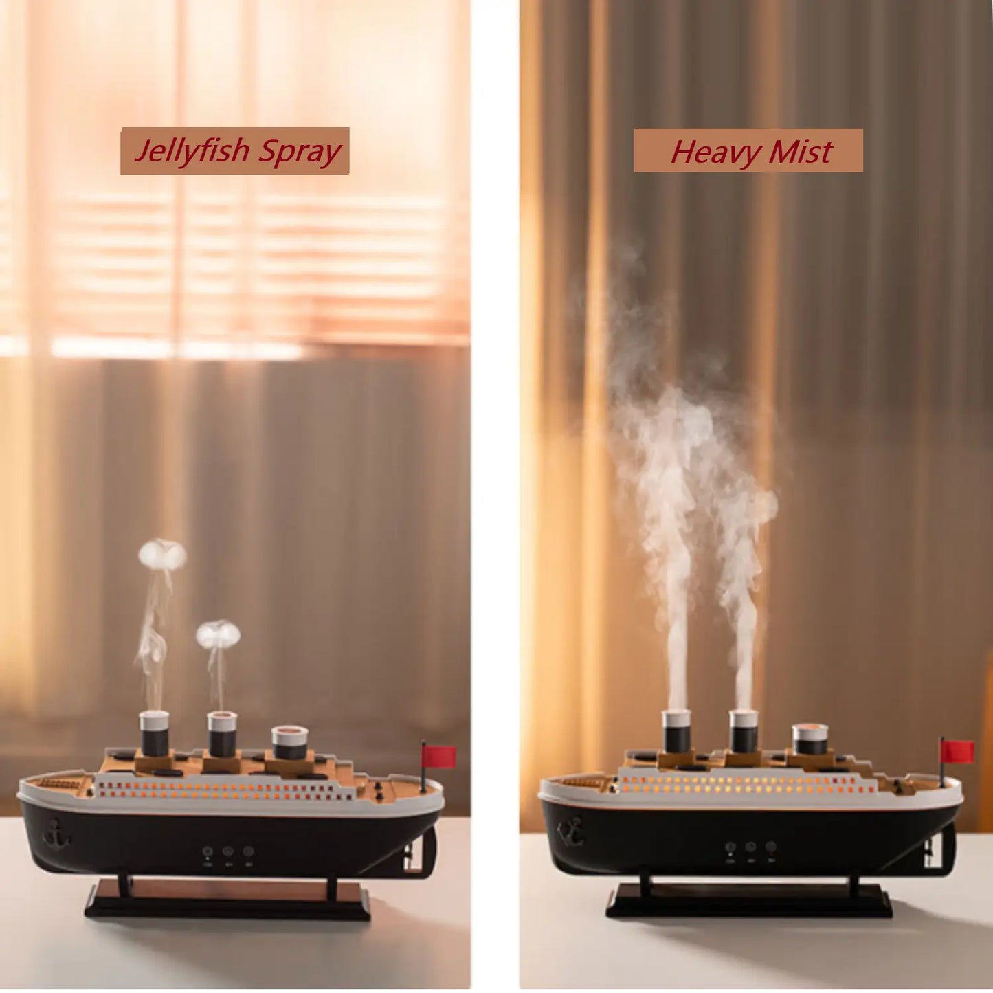JLD Titanic Ship Diffuser releasing mist through steam chimneys with glowing LED lights—an elegant aromatherapy device combining classic design with modern wellness