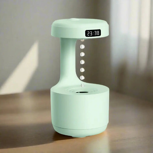 JLD Anti-Gravity Humidifier with floating water drop effect, digital clock, and ambient lighting—a stylish, modern device for air hydration and visual relaxation