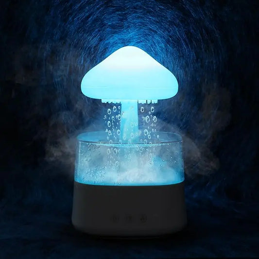 JLD Mushroom Rain Humidifier with soft rain effect, night light, and essential oil diffusion—designed to moisturize air and add a peaceful natural vibe to any room