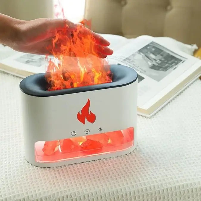 JLD Firestone Diffuser with Himalayan salt therapy, essential oil mist, and realistic LED flame effect—creating a soothing and ambient atmosphere for relaxation and wellness.