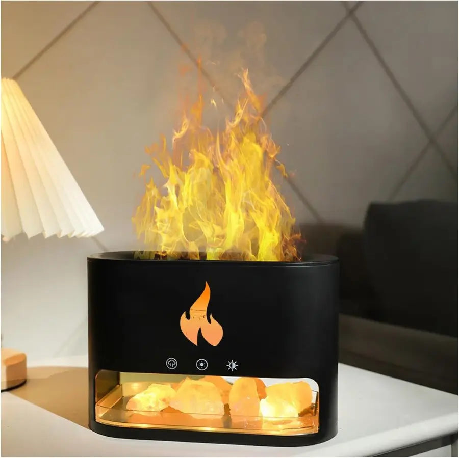 JLD Firestone Diffuser with Himalayan salt therapy, essential oil mist, and realistic LED flame effect—creating a soothing and ambient atmosphere for relaxation and wellness.