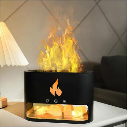 JLD Firestone Diffuser with Himalayan salt therapy, essential oil mist, and realistic LED flame effect—creating a soothing and ambient atmosphere for relaxation and wellness.