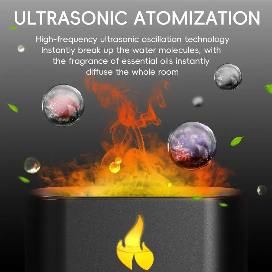 JLD Firestone Diffuser with Himalayan salt therapy, essential oil mist, and realistic LED flame effect—creating a soothing and ambient atmosphere for relaxation and wellness.