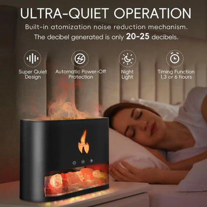 JLD Firestone Diffuser with Himalayan salt therapy, essential oil mist, and realistic LED flame effect—creating a soothing and ambient atmosphere for relaxation and wellness.
